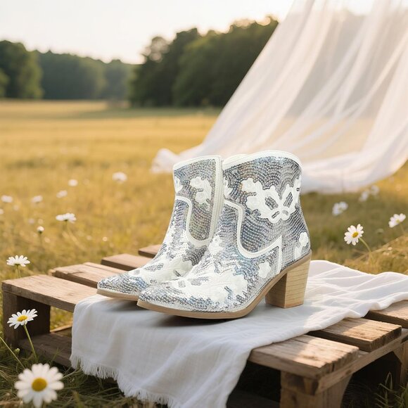 Women's Sparkling White Shiny Sequin Embroidery Ankle Pointed Toe Western Boot - Picture 6 of 7
